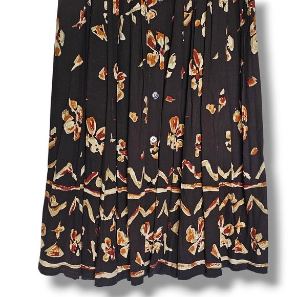 Together Vintage Maxi Skirt Size 8 Dark Brown Floral Pleated Button Front Modest - Picture 6 of 8